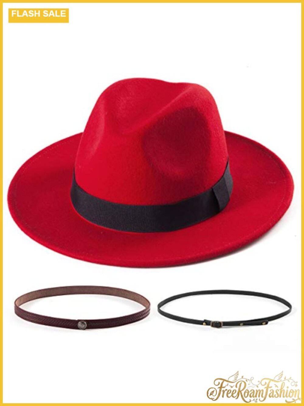 Wide Brim Felt Fedora Hat Adjustable Unisex with Changeable Belts